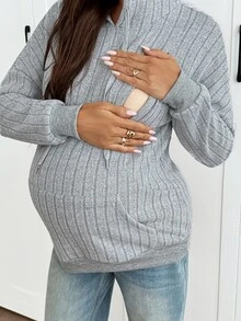 SHEIN Maternity Solid Color Drop Shoulder Long Sleeve Pocket Drawstring Hooded Sweatshirt,Autumn And Winter - Grey - View 2