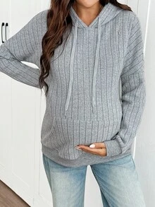 SHEIN Maternity Solid Color Drop Shoulder Long Sleeve Pocket Drawstring Hooded Sweatshirt,Autumn And Winter - Grey - View 3