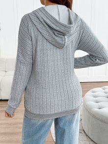 SHEIN Maternity Solid Color Drop Shoulder Long Sleeve Pocket Drawstring Hooded Sweatshirt,Autumn And Winter - Grey - View 5
