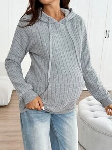 SHEIN Maternity Solid Color Drop Shoulder Long Sleeve Pocket Drawstring Hooded Sweatshirt,Autumn And Winter - Grey - View 4