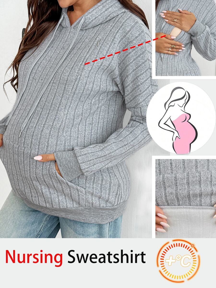 SHEIN Maternity Solid Color Drop Shoulder Long Sleeve Pocket Drawstring Hooded Sweatshirt,Autumn And Winter - Grey - View 1