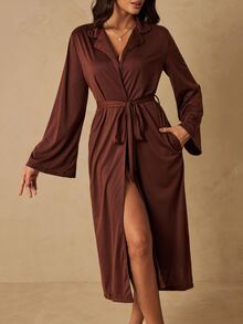 SHEIN Bata de mujer de color liso con cinturón - Óxido marrón - Ver 4