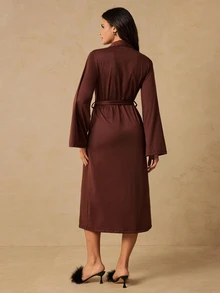 SHEIN Bata de mujer de color liso con cinturón - Óxido marrón - Ver 2