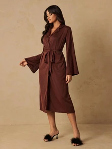 SHEIN Bata de mujer de color liso con cinturón - Óxido marrón - Ver 3