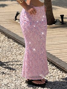 GalTyme Plus Size Fashion Party Sequin Mermaid Skirt - Baby Pink - View 5
