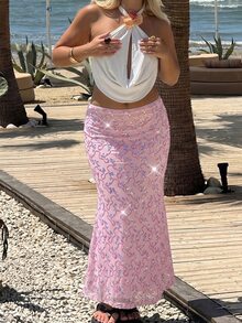 GalTyme Plus Size Fashion Party Sequin Mermaid Skirt - Baby Pink - View 4