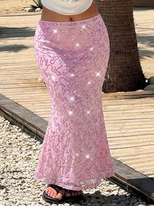 GalTyme Plus Size Fashion Party Sequin Mermaid Skirt - Baby Pink - View 1