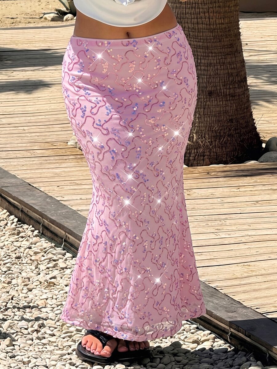 GalTyme Plus Size Fashion Party Sequin Mermaid Skirt - Baby Pink - View 1