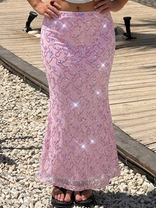 GalTyme Plus Size Fashion Party Sequin Mermaid Skirt - Baby Pink - View 3