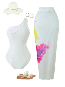 Swim Oasis Plus Size Women's One-Piece Swimsuit,All White Mesh Maxi Skirt Set,Tropical Beach Vacation Outfits,Bachelorette Party Summer Holiday Sexy Elegant - Multicolor - View 2