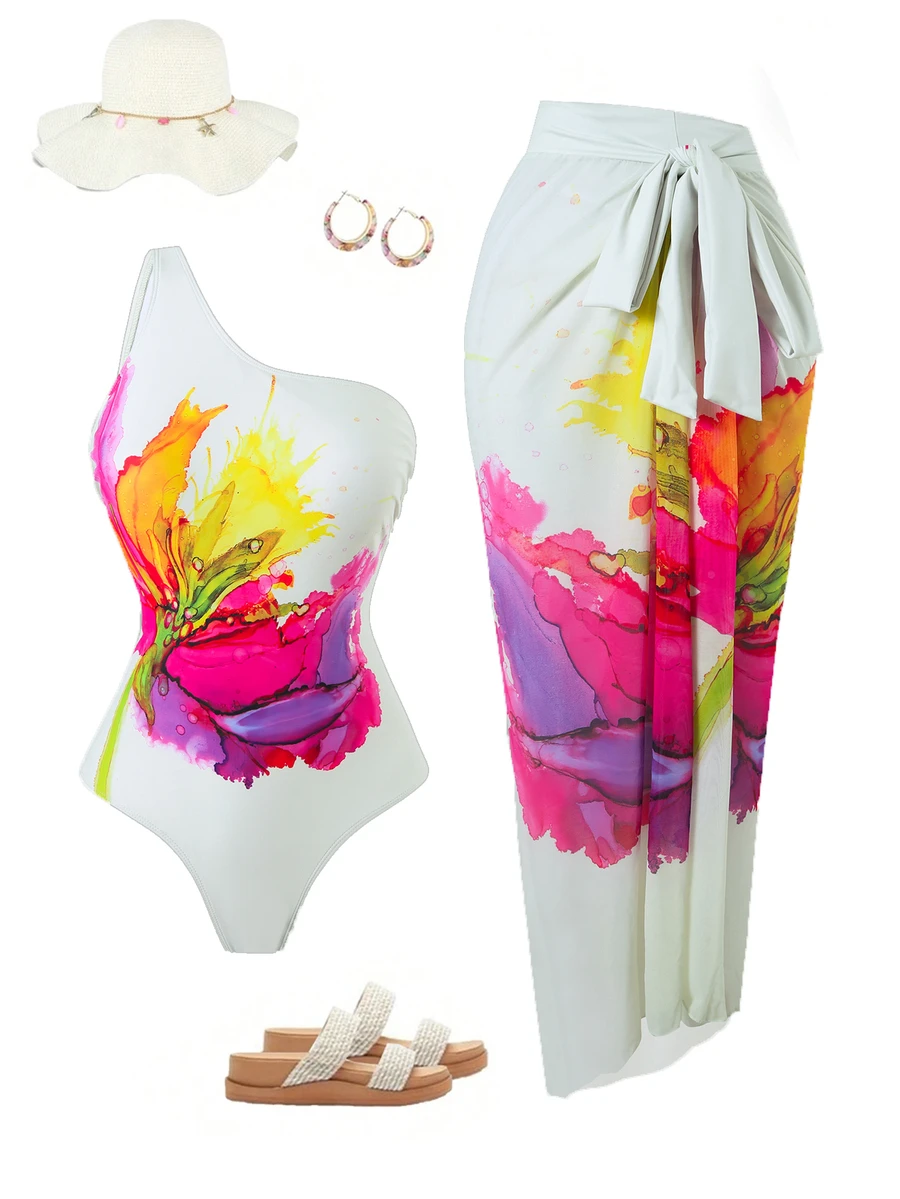 Swim Oasis Plus Size Women's One-Piece Swimsuit,All White Mesh Maxi Skirt Set,Tropical Beach Vacation Outfits,Bachelorette Party Summer Holiday Sexy Elegant - Multicolor - View 1