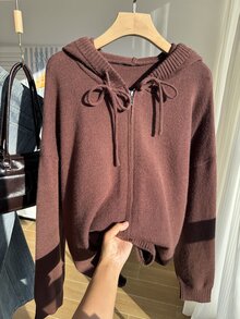 Comfortcana 大尺碼女款休閒傳統落肩抽繩連帽拉鍊開襟外套，深綠色，適合秋季正式場合與度假 - 棕色 - 查看 3