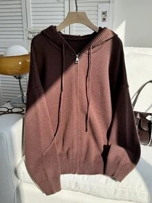 Comfortcana 大尺碼女款休閒傳統落肩抽繩連帽拉鍊開襟外套，深綠色，適合秋季正式場合與度假 - 棕色 - 查看 5