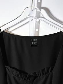 SHEIN PariChic 女士优雅通勤纯色泡泡袖纽扣连衣裙，夏季黑色纽扣连衣裙，经典黑色连衣裙，法式黑色连衣裙，纽扣中长连衣裙，夏季大学校园服装 - 黑色 - 查看 6