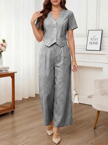 Editum Women's Summer Casual Striped Shirt And Long Pants 2 Pieces Set - Coffee Brown - View 3