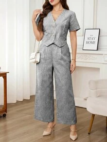 Editum Women's Summer Casual Striped Shirt And Long Pants 2 Pieces Set - Coffee Brown - View 4