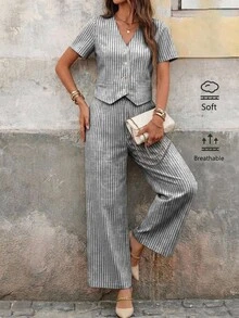 Editum Women's Summer Casual Striped Shirt And Long Pants 2 Pieces Set - Coffee Brown - View 6
