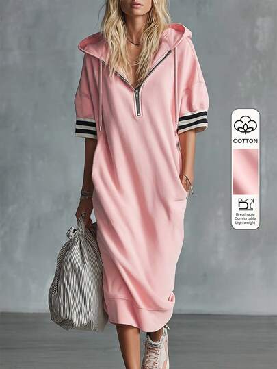 Glimmora Fashionable Minimalist Women's Hooded Zip-Up Short Sleeve Dress, Gift For Friends