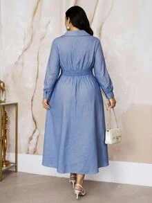 Modelyn Plus Size Blue Drawstring Tie Long Sleeve Vacation Dress Brunch Office Tea Party Autumn Casual - Blue - View 2