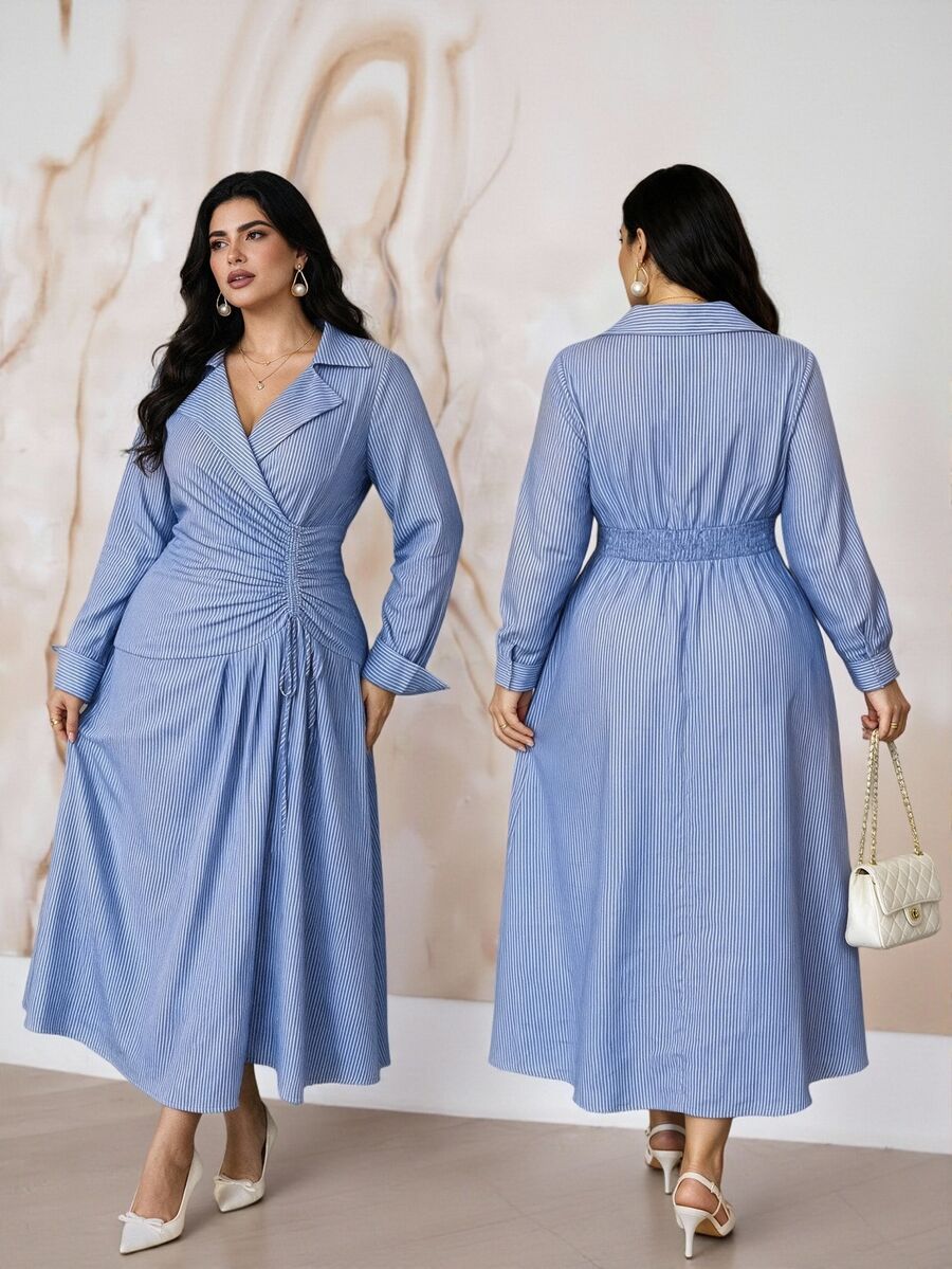 Modelyn Plus Size Blue Drawstring Tie Long Sleeve Vacation Dress Brunch Office Tea Party Autumn Casual - Blue - View 1