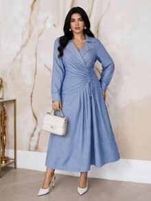 Modelyn Plus Size Blue Drawstring Tie Long Sleeve Vacation Dress Brunch Office Tea Party Autumn Casual - Blue - View 6