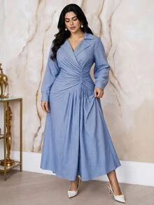 Modelyn Plus Size Blue Drawstring Tie Long Sleeve Vacation Dress Brunch Office Tea Party Autumn Casual - Blue - View 4