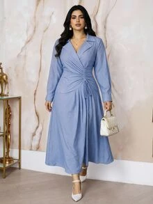 Modelyn Plus Size Blue Drawstring Tie Long Sleeve Vacation Dress Brunch Office Tea Party Autumn Casual - Blue - View 9