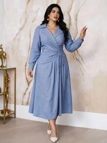 Modelyn Plus Size Blue Drawstring Tie Long Sleeve Vacation Dress Brunch Office Tea Party Autumn Casual - Blue - View 10