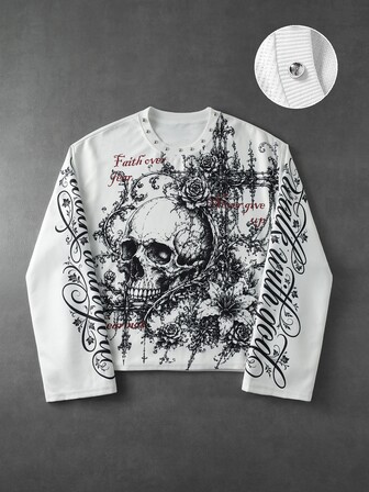 Street Life Camiseta de manga larga holgada con estampado de patrón de tela de gofre y decoración de remaches para hombre, estilo callejero retro