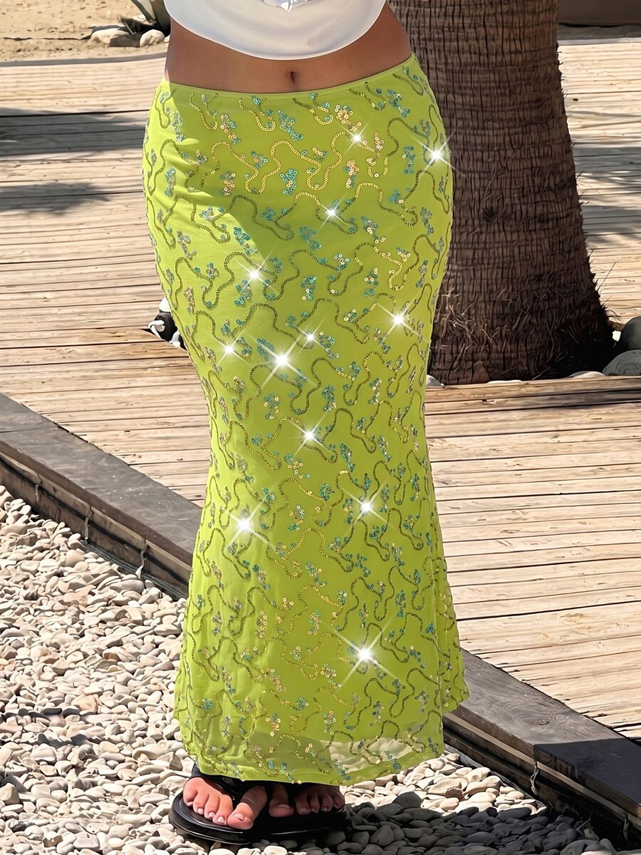 GalTyme 大尺碼時尚優雅性感柔軟亮片美人魚尾裙 綠色 夏季海灘度假風 - 綠色 - 查看 1