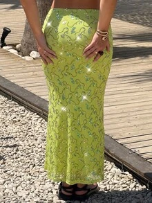 GalTyme 大尺碼時尚優雅性感柔軟亮片美人魚尾裙 綠色 夏季海灘度假風 - 綠色 - 查看 2