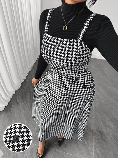 SHEIN LUNE CURVE Gaun A-Line Bertekstur Houndstooth Hitam Putih Elegan untuk Wanita Ukuran Plus, Sempurna untuk Perjalanan Sehari-hari, Kantor, Kencan, dan Malam Hari
