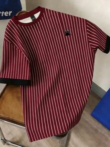 Manfinity Joysei Men's Casual Striped Cat Print Round Neck Short Sleeve T-Shirt, Versatile For Daily Wear - Burgundy - View 3