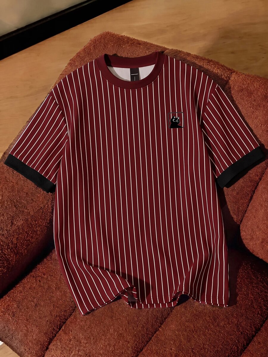 Manfinity Joysei Men's Casual Striped Cat Print Round Neck Short Sleeve T-Shirt, Versatile For Daily Wear - Burgundy - View 1