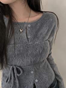 DAZY Dark Grey & Red Plaid Leather Patchwork Lapel Loose Drop Shoulder Long Sleeve Vintage Casual Versatile Jacket Fall - Grey - View 5