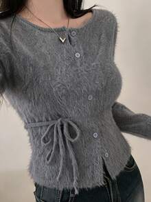 DAZY Dark Grey & Red Plaid Leather Patchwork Lapel Loose Drop Shoulder Long Sleeve Vintage Casual Versatile Jacket Fall - Grey - View 2