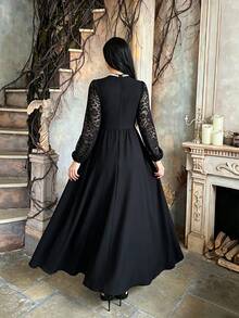 Lyrianda French Pearl Collar Lace Patchwork Dress, Autumn Twisted Hollow Waist-Cinched Flattering Long Black Dress Fall - Black - View 4