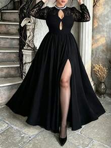 Lyrianda French Pearl Collar Lace Patchwork Dress, Autumn Twisted Hollow Waist-Cinched Flattering Long Black Dress Fall - Black - View 3