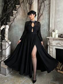 Lyrianda French Pearl Collar Lace Patchwork Dress, Autumn Twisted Hollow Waist-Cinched Flattering Long Black Dress Fall - Black - View 6