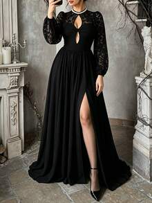 Lyrianda French Pearl Collar Lace Patchwork Dress, Autumn Twisted Hollow Waist-Cinched Flattering Long Black Dress Fall - Black - View 1