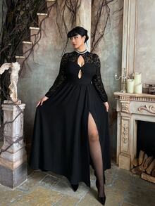 Lyrianda French Pearl Collar Lace Patchwork Dress, Autumn Twisted Hollow Waist-Cinched Flattering Long Black Dress Fall - Black - View 5