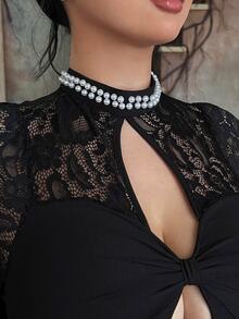 Lyrianda French Pearl Collar Lace Patchwork Dress, Autumn Twisted Hollow Waist-Cinched Flattering Long Black Dress Fall - Black - View 2
