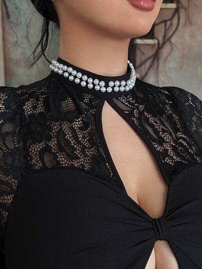Lyrianda French Pearl Collar Lace Patchwork Dress, Autumn Twisted Hollow Waist-Cinched Flattering Long Black Dress