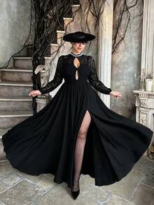 Lyrianda French Pearl Collar Lace Patchwork Dress, Autumn Twisted Hollow Waist-Cinched Flattering Long Black Dress Fall - Black - View 7