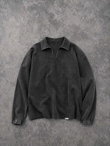 SUMWON Oversized Washed Collared Sweatshirt Long Sleeve Drop Shoulder Vintage Wash Rugby Collar Pullover Top Fall Winter Casual Layering - Black - View 1
