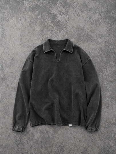 SUMWON Oversized Washed Collared Sweatshirt Long Sleeve Drop Shoulder Vintage Wash Rugby Collar Pullover Top Fall Winter Casual Layering