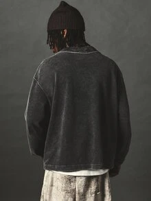 SUMWON Oversized Washed Collared Sweatshirt Long Sleeve Drop Shoulder Vintage Wash Rugby Collar Pullover Top Fall Winter Casual Layering - Black - View 4