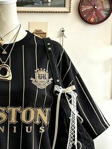 Lalippa Letter Pattern Vertical Stripe Print Fashion Minimalist Oversized Mid-Length Round Neck Drop Shoulder Women's T-Shirt Friend's Gift - Multicolor - View 3