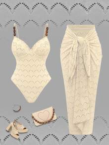 Swim Oasis 2pcs/Set Summer Vacation Sexy Tropical Underwire Backless Spaghetti Strap Women's One-Piece Swimsuit Square Scarf Long Dress Beach Party Beige - Beige - View 1