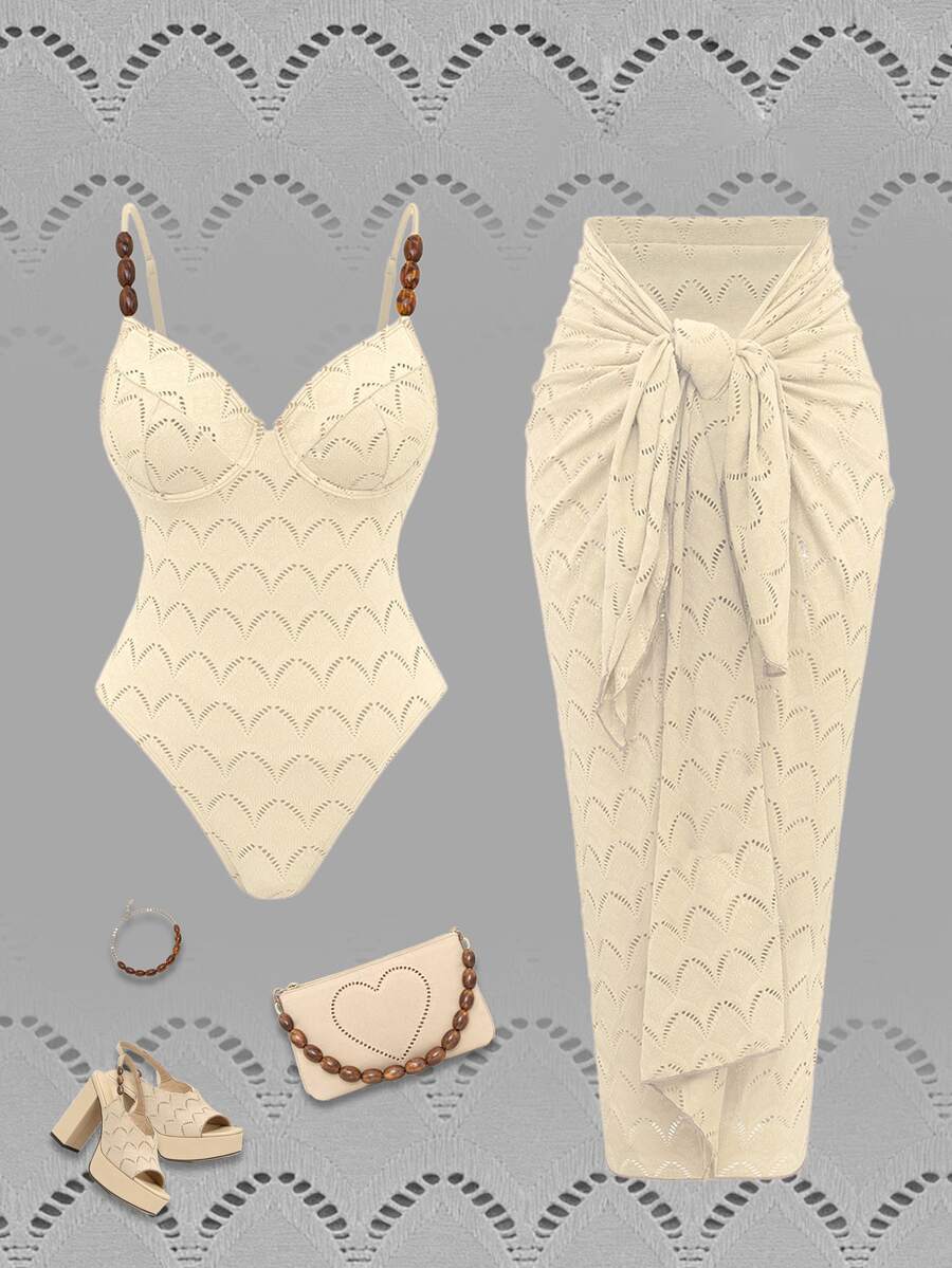 Swim Oasis 2pcs/Set Summer Vacation Sexy Tropical Underwire Backless Spaghetti Strap Women's One-Piece Swimsuit Square Scarf Long Dress Beach Party Beige - Beige - View 1